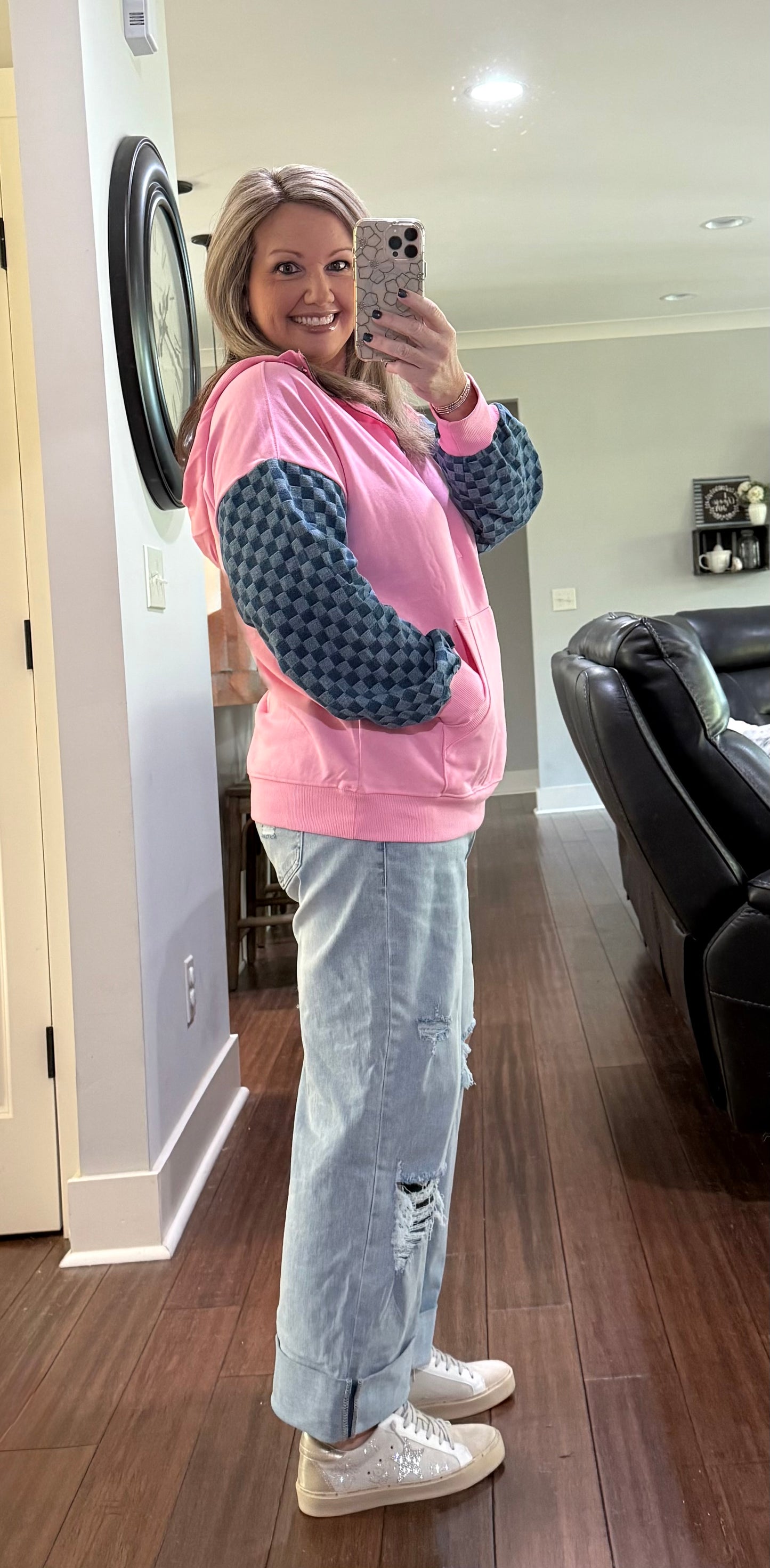 CHECKERED KANGAROO HALF ZIP HOODIE