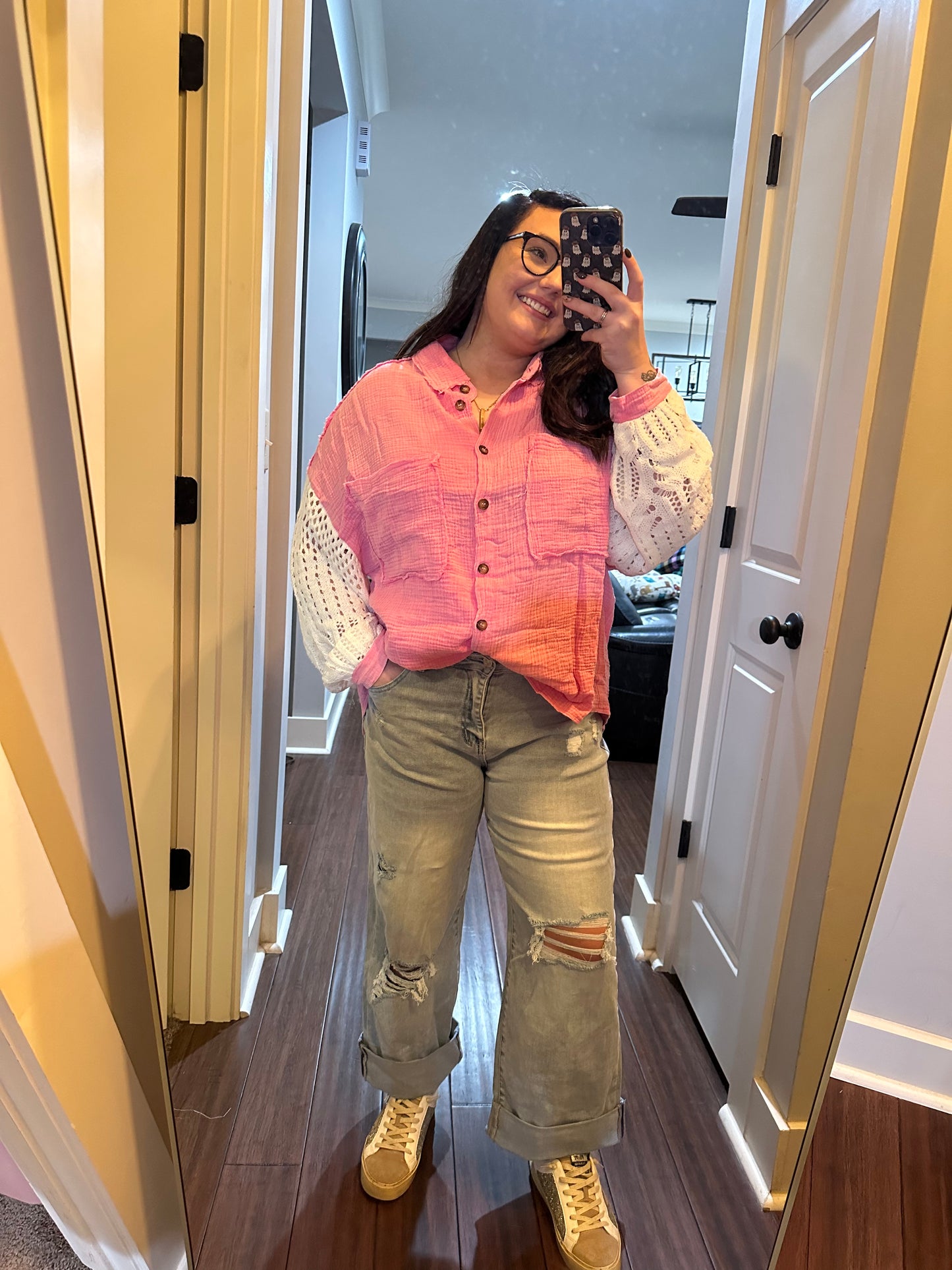 CROCHET SLEEVE BUTTON UP SHIRT