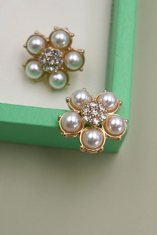 PEARL RHINESTONE FLOWER STUD EARRING