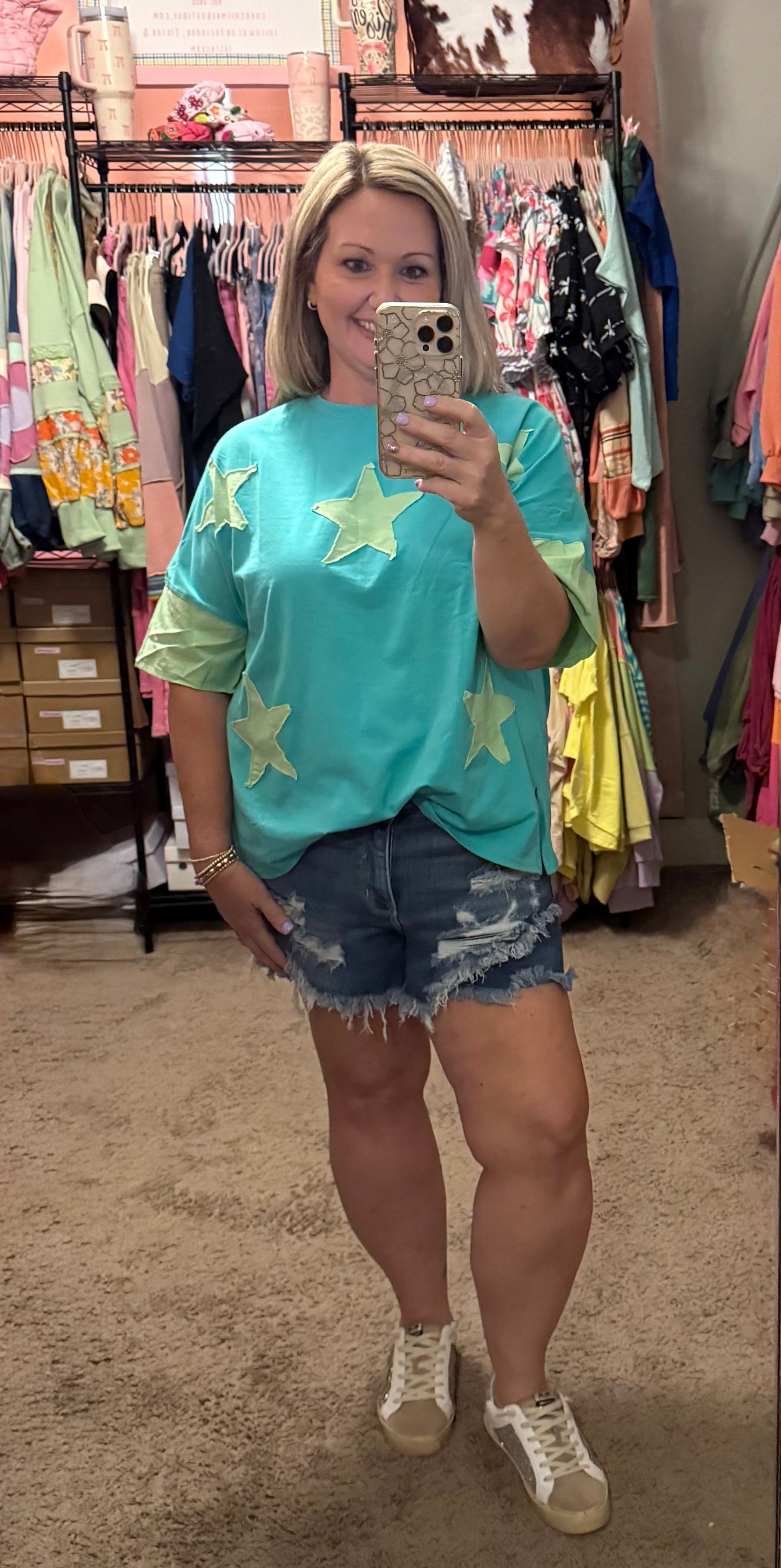 FRAYED STAR DENIN PATCHWORK TOP