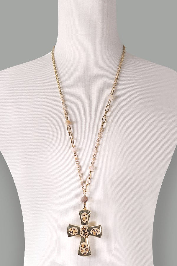LONG CROSS LEOPARD BEADED NECKLACE