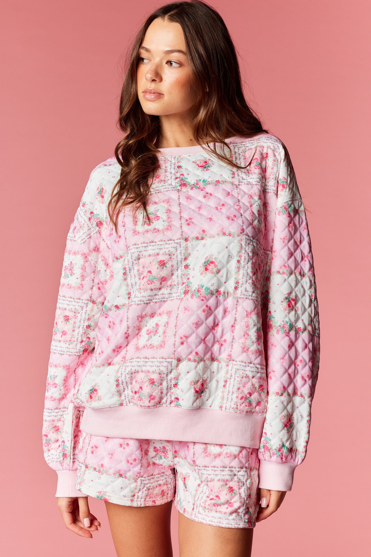 PATCHWORK QUILTED PULLOVER SHORT SET