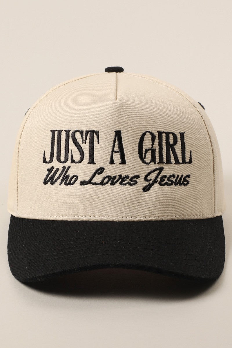 JUST A GIRL WHO LOVES JESUS EMBROIDERY TRUCKER HAT