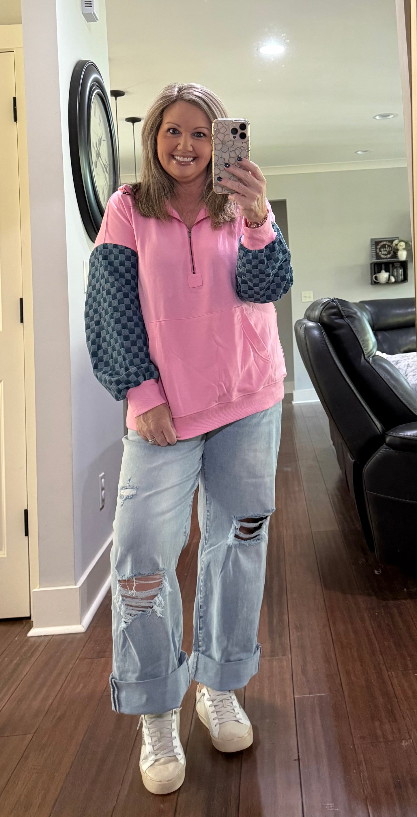 CHECKERED KANGAROO HALF ZIP HOODIE