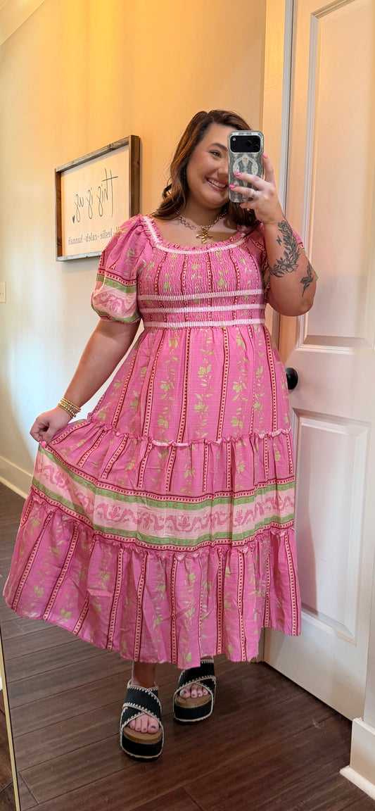 BORDER PRINTED MIDI DRESS