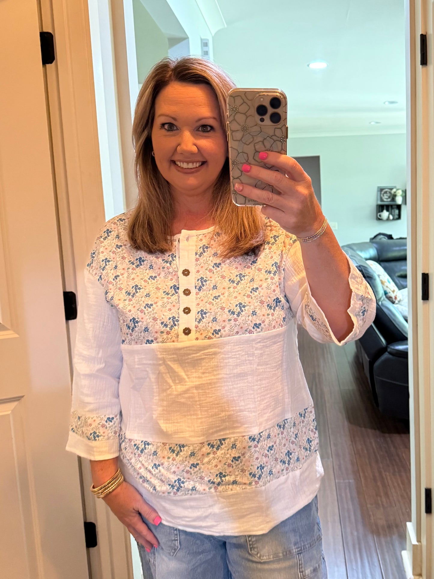FLORAL GAUZE PATCHWORK HENLEY