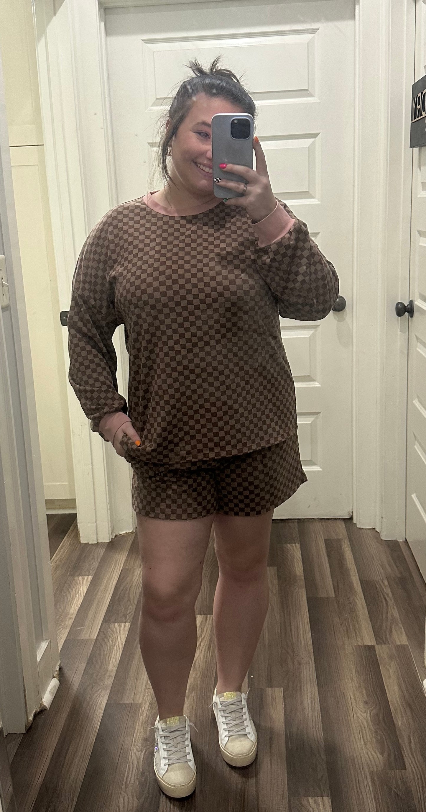 CHECKERBOARD LONG SLEEVE PULLOVER AND SHORTS SET