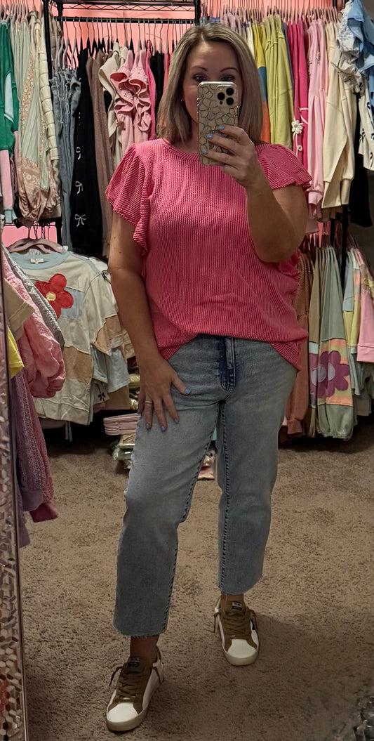 CURVY DELLA RIBBED RUFFLE SLEEVE TOP