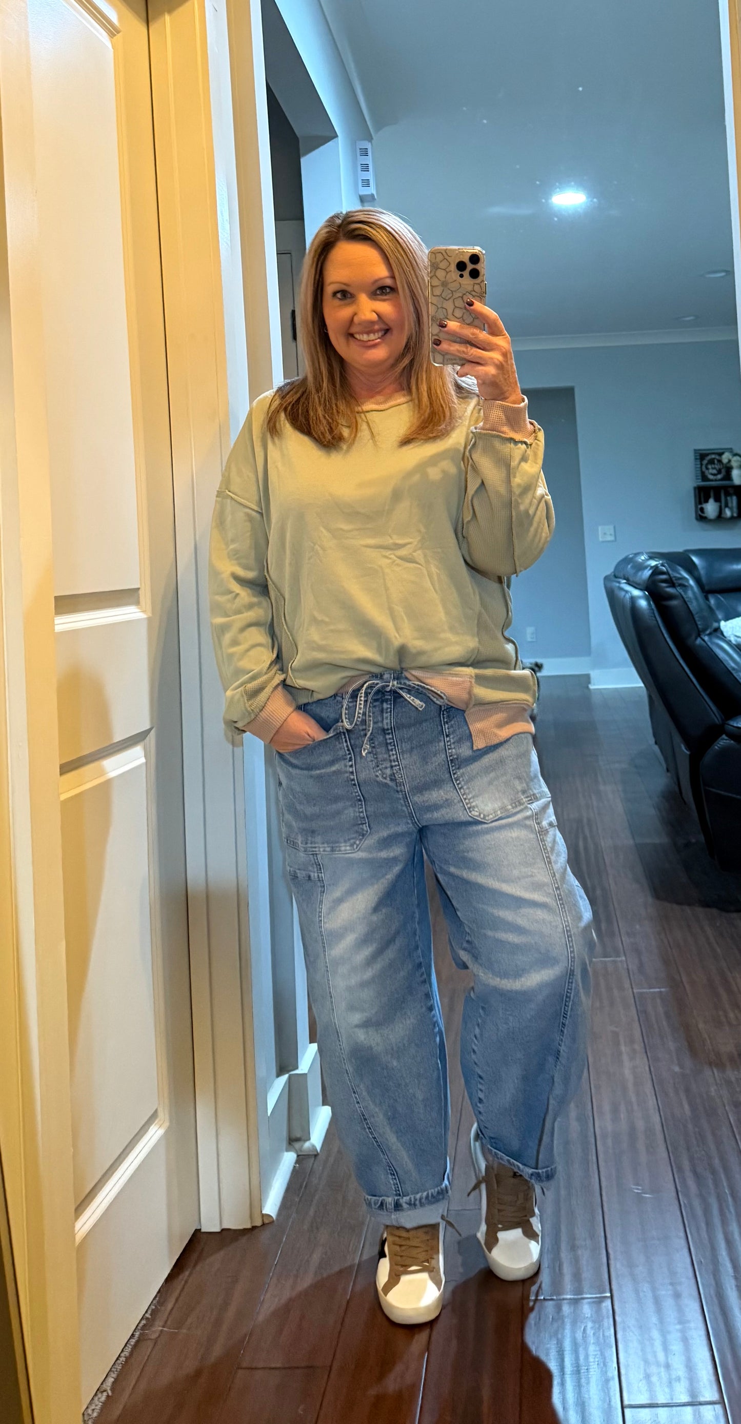 MIXED TEXTURED WAFFLE PULLOVER