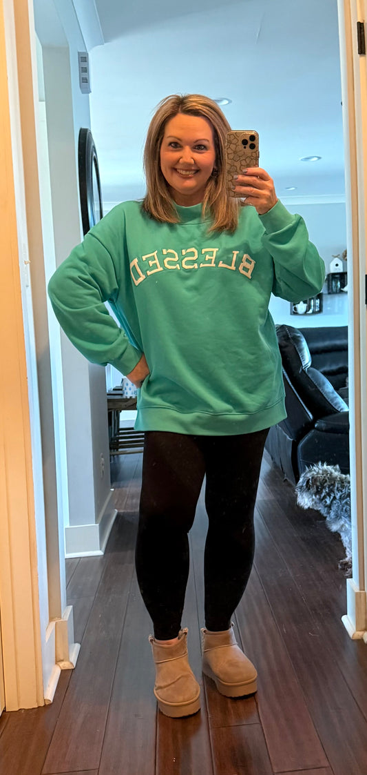 BLESSED EMBROIDERED MOCK NECK SWEATSHIRT