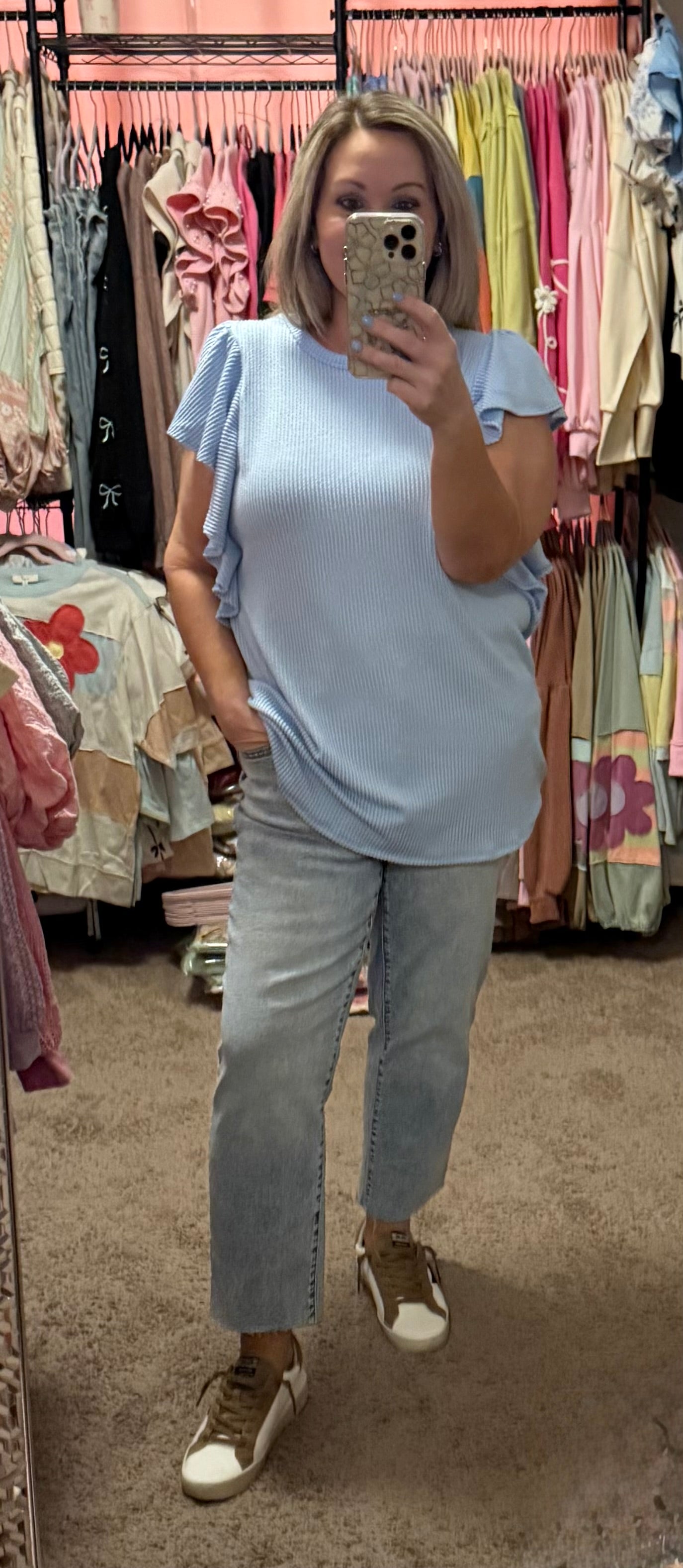 CURVY DELLA RIBBED RUFFLE SLEEVE TOP