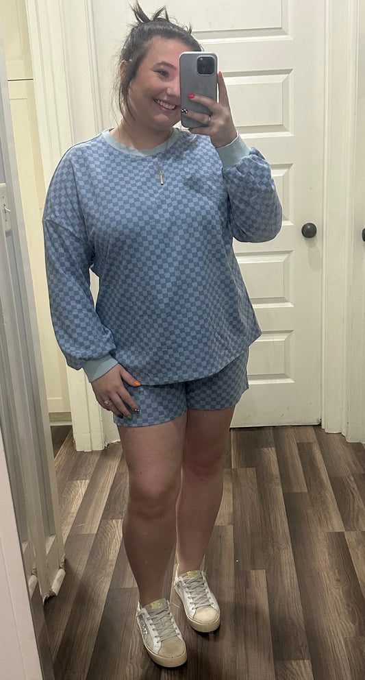 CHECKERBOARD LONG SLEEVE PULLOVER AND SHORTS SET
