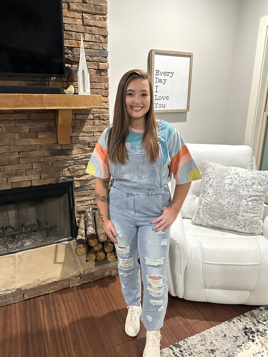 DISTRESSED DENIM OVERALLS