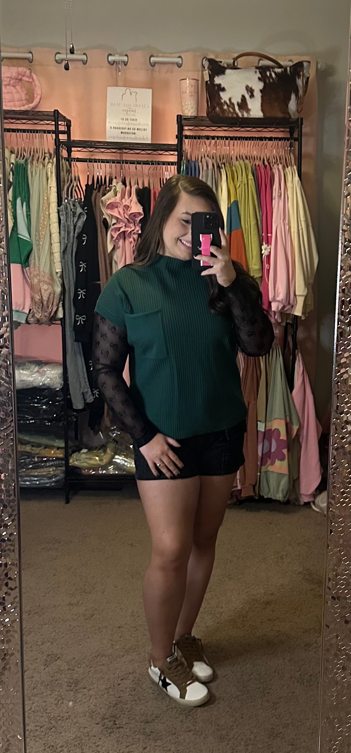MESH BOW PATTERN LONG SLEEVE TOP