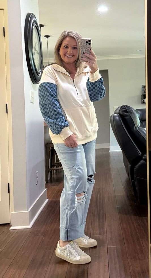 CHECKERED KANGAROO HALF ZIP HOODIE