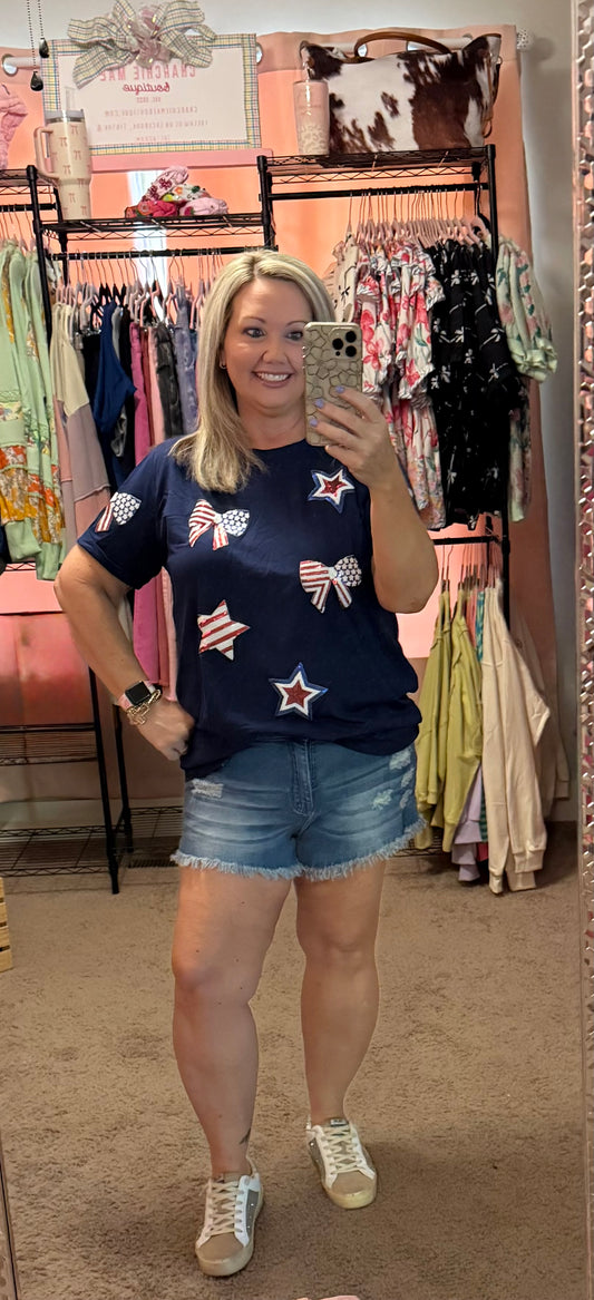 SEQUIN USA FLAG BOW AND STAR TOP