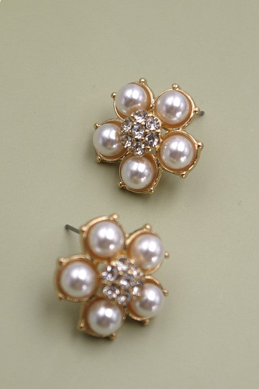 PEARL RHINESTONE FLOWER STUD EARRING