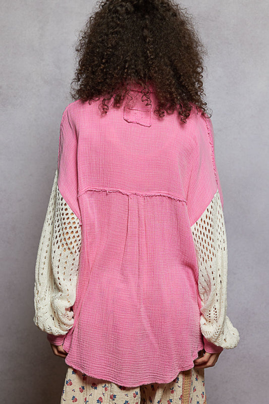 CROCHET SLEEVE BUTTON UP SHIRT