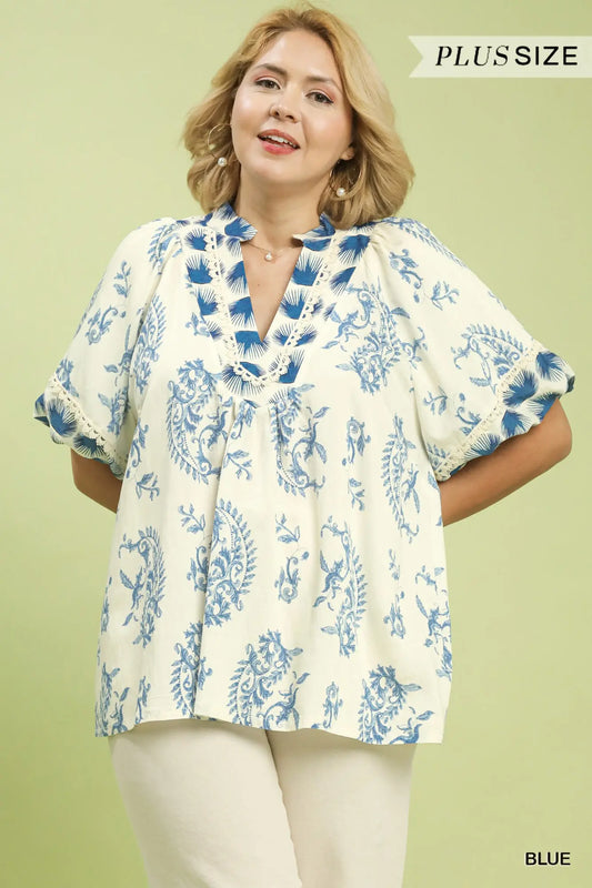 BOHO PRINT TOP WITH LACE TRIM  **CURVY**