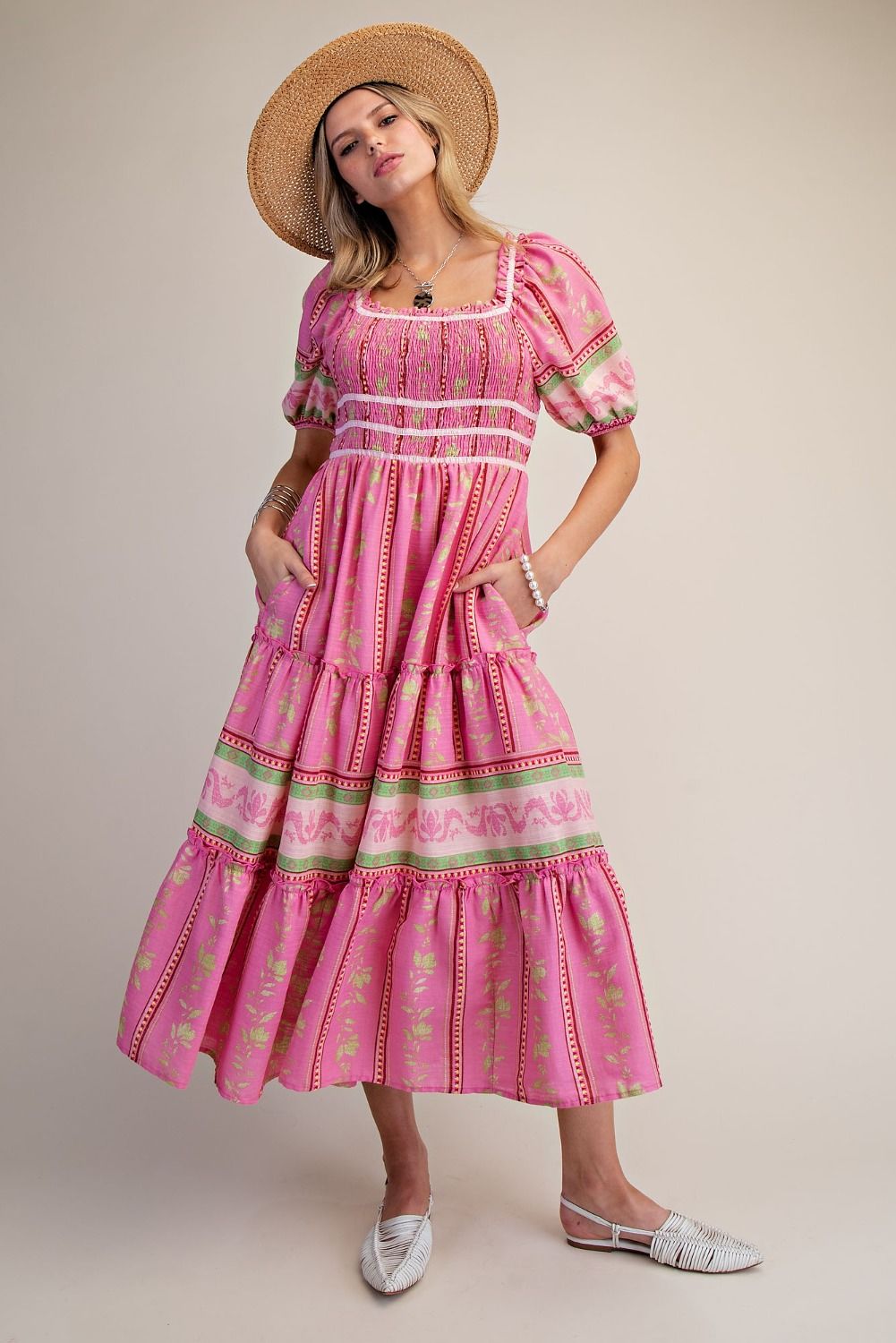 BORDER PRINTED MIDI DRESS