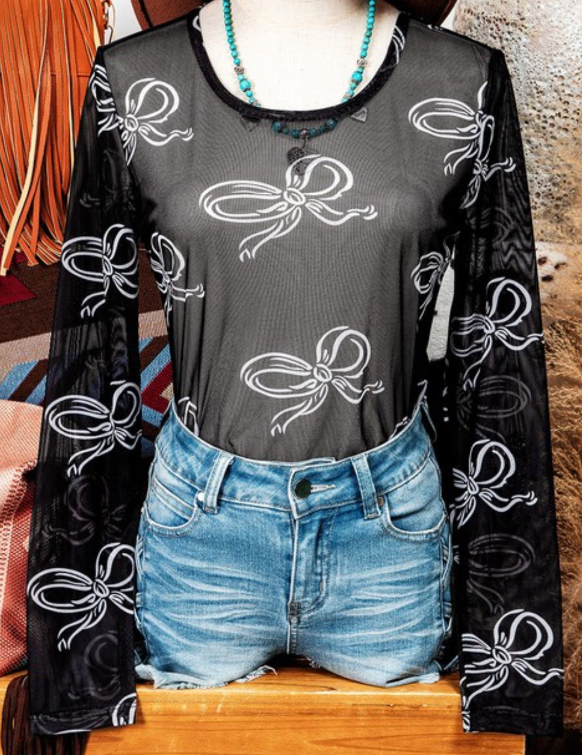 MESH LONG SLEEVE TOP WITH WHITE BOW DETAIL