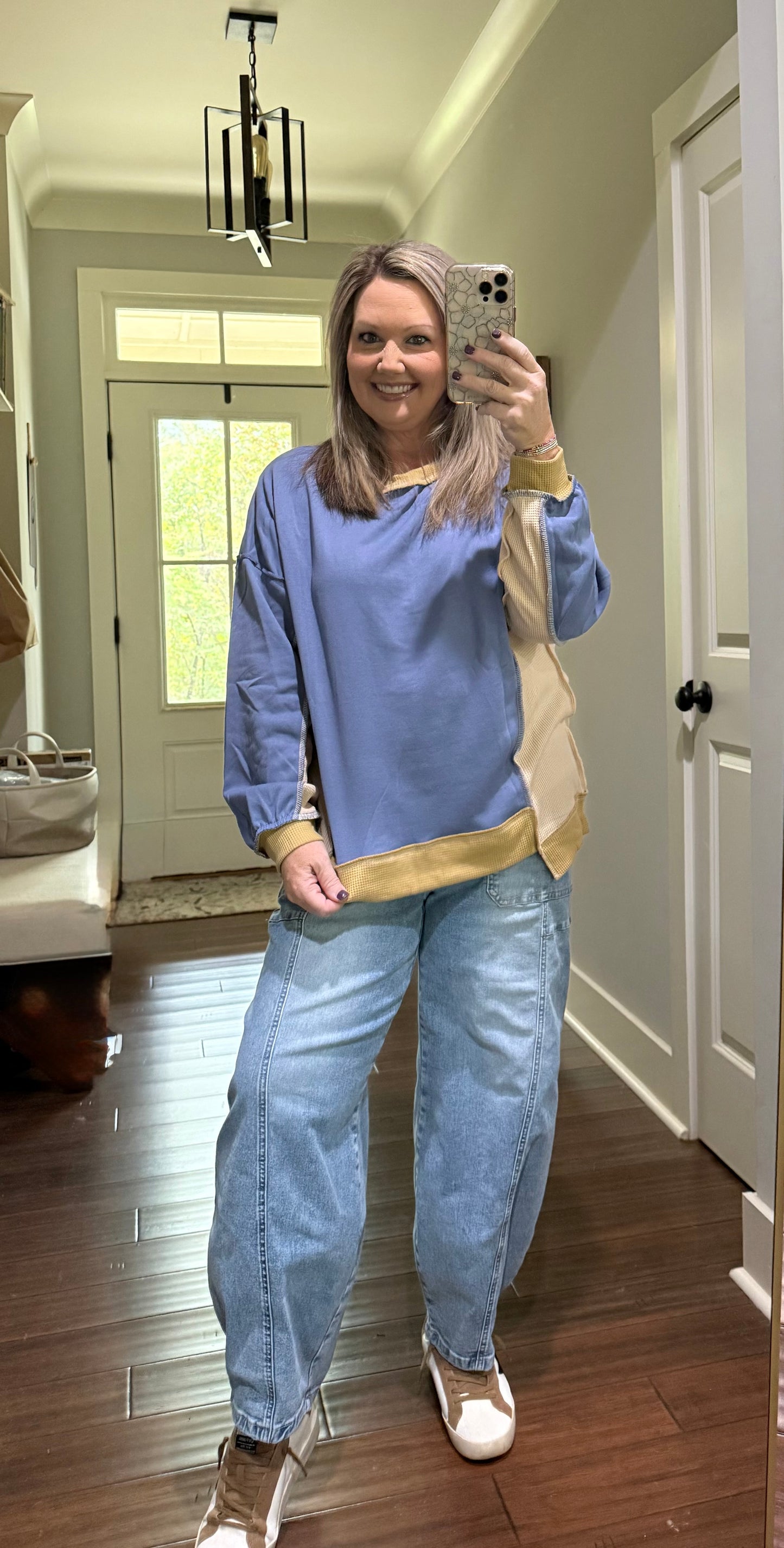 MIXED TEXTURED WAFFLE PULLOVER