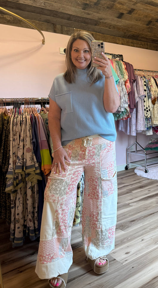 PATCHWORK PRINT TERRY PANTS
