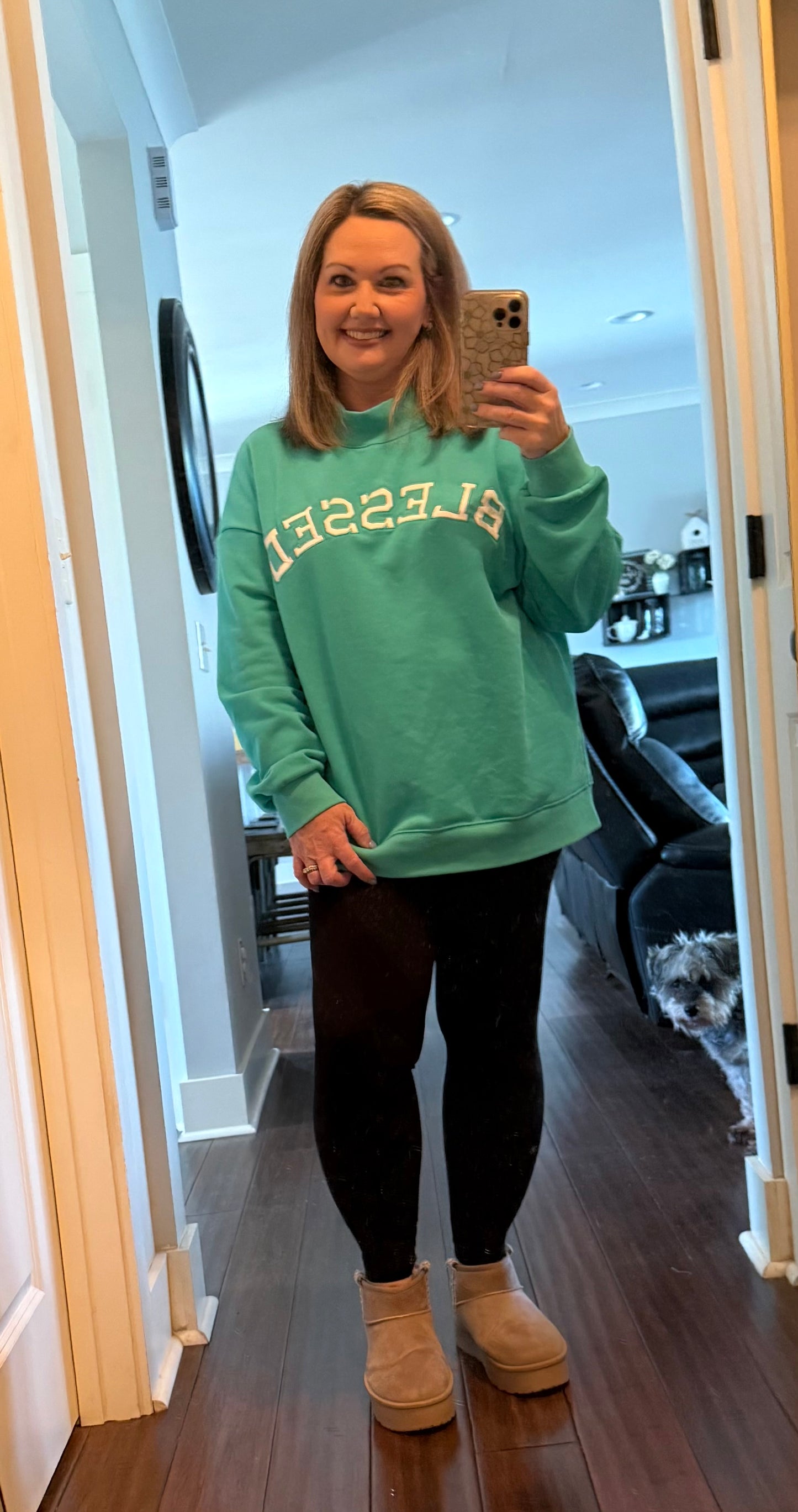 BLESSED EMBROIDERED MOCK NECK SWEATSHIRT