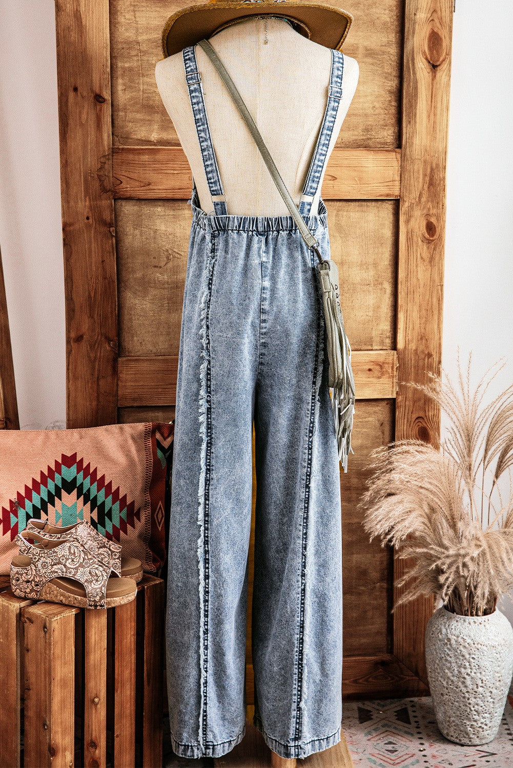 FRAYED DENIM OVERALLS