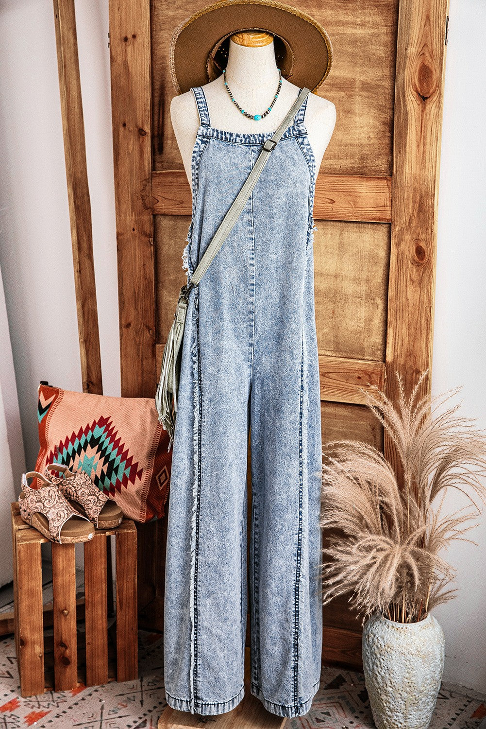 FRAYED DENIM OVERALLS
