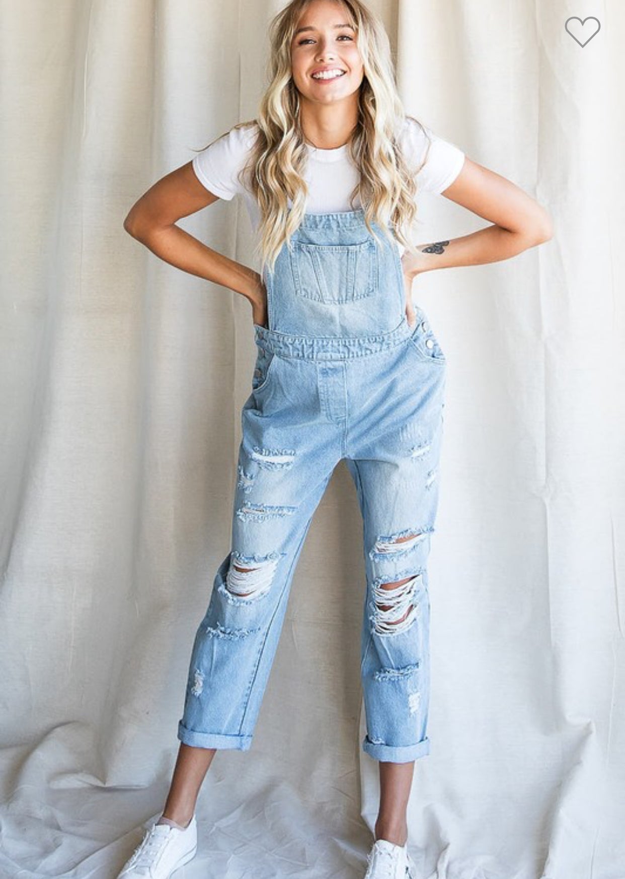 DISTRESSED DENIM OVERALLS