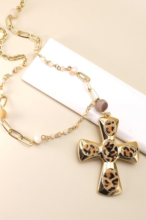 LONG CROSS LEOPARD BEADED NECKLACE