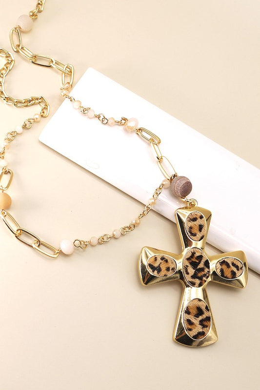 LONG CROSS LEOPARD BEADED NECKLACE