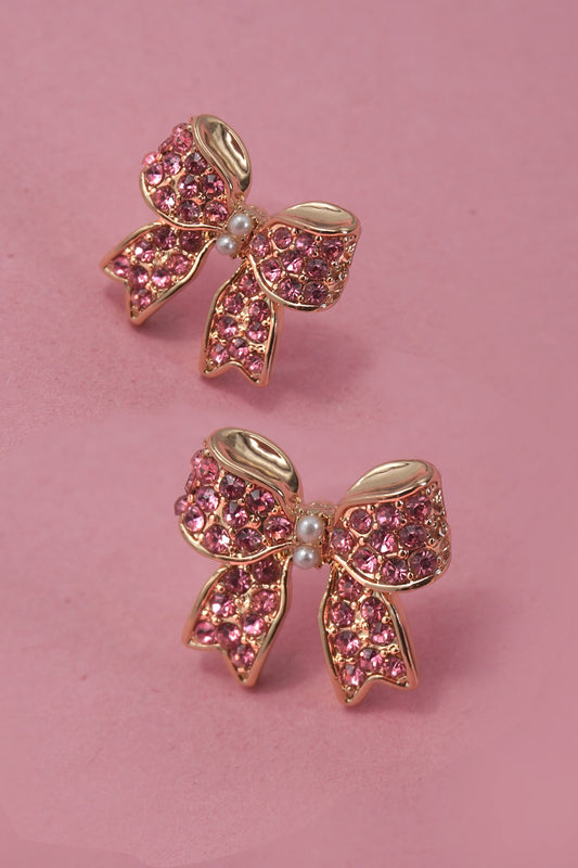 PINK RHINESTONE BOW EARRINGS