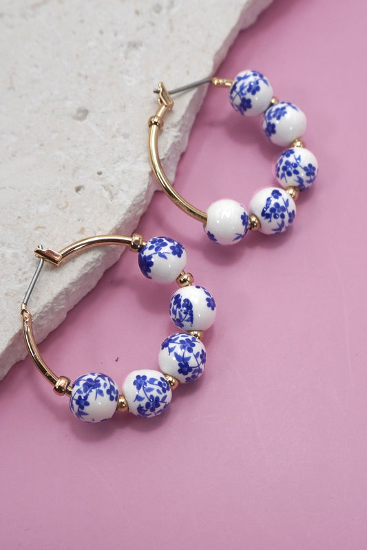 BLUE TOILE PATTERN HOOP EARRINGS